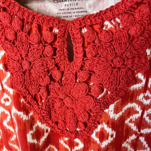 Charter Club Top Womens Size P/L Red & White Geometric Embroidered Chest Cotton - Picture 8 of 16